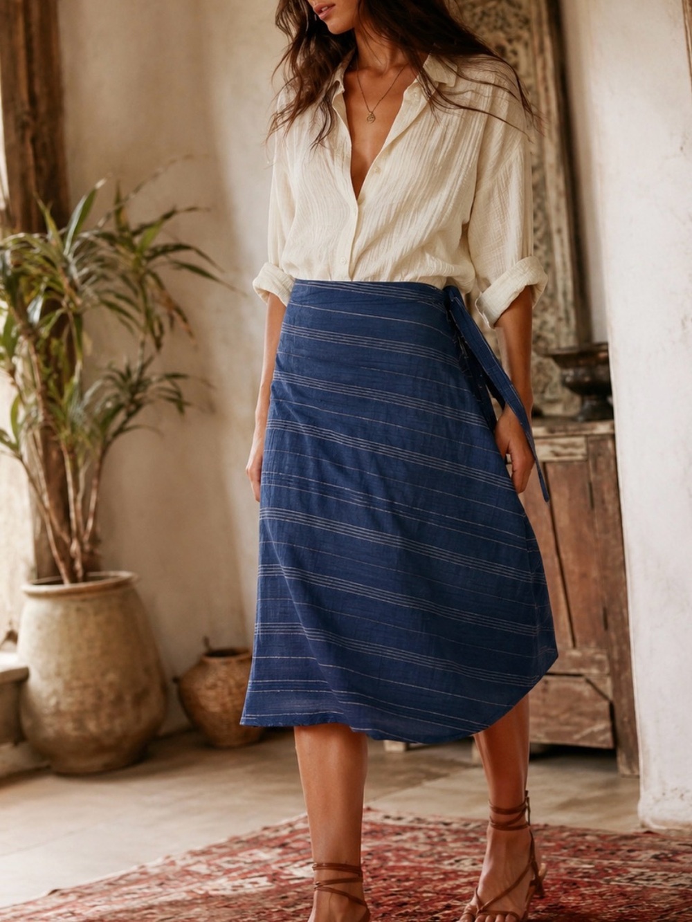 Artisan Guatemalan hand woven chambray wrap midi skirt 100% cotton medium boho